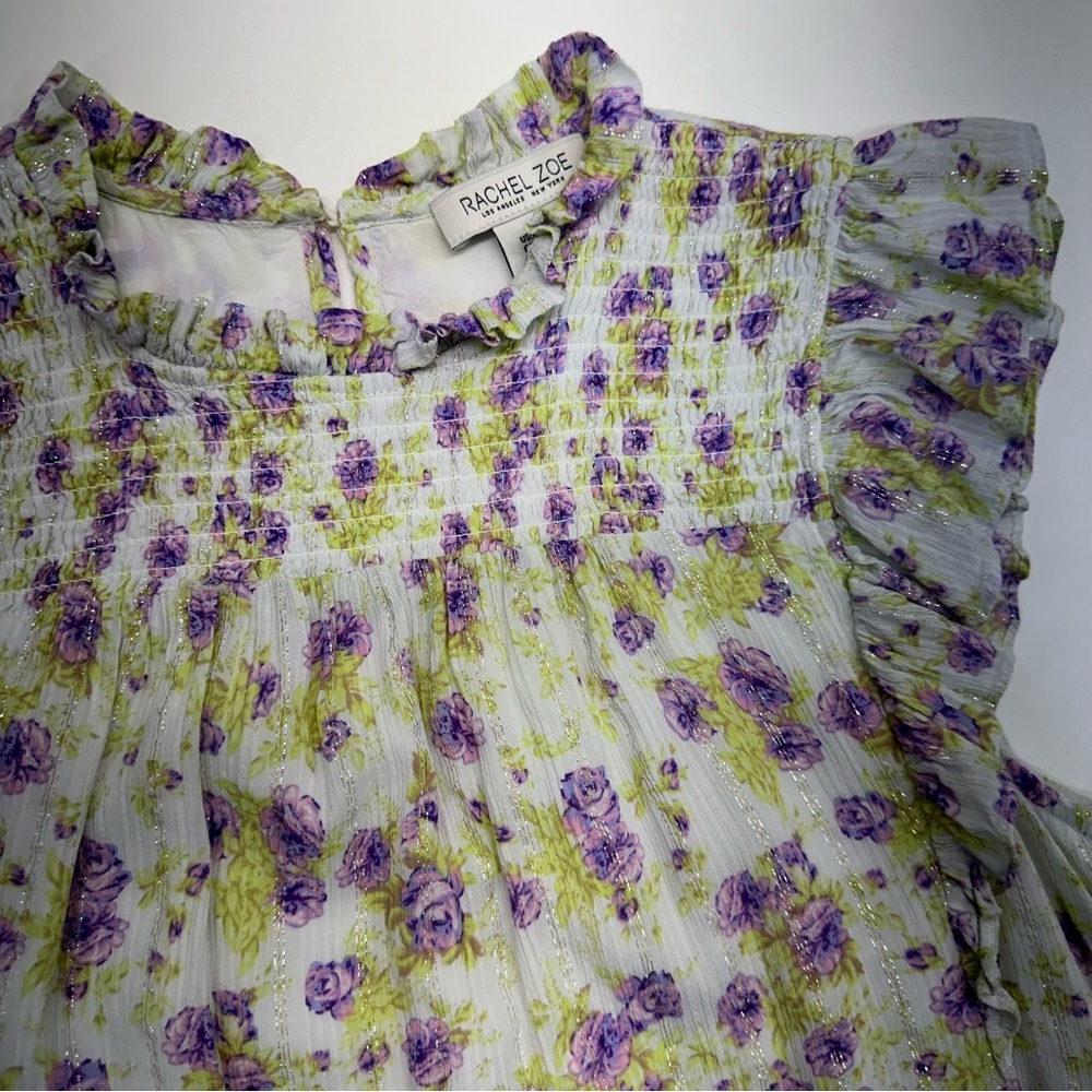 Rachel Zoe Women’s Sleeveless Ruffle Floral Metallic Flowy Blouse Size Large - Picture 4 of 7